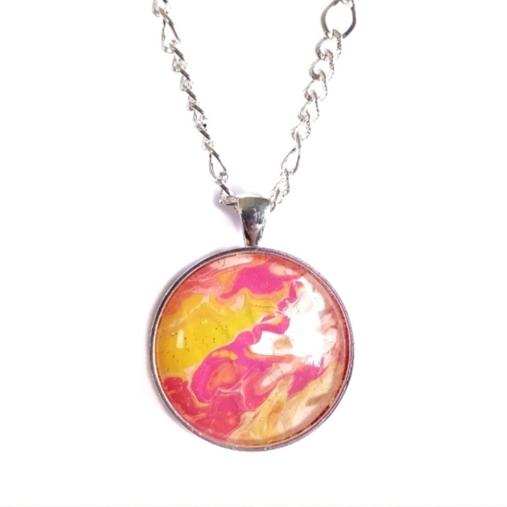Acrylic paint pour pendant on 20" silver necklace NEW Pink Yellow Handmade